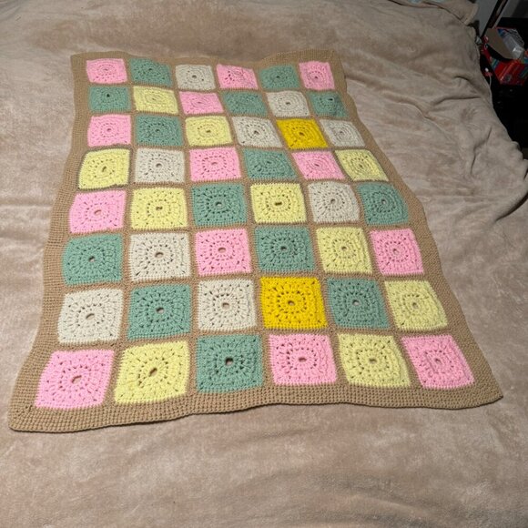 Vintage Blue Crochet Afghan Handmade Boho Chic Granny Squares 61” x 46” - Picture 3 of 7